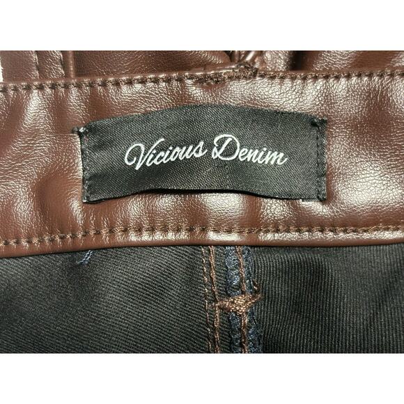 Vicious Denim Vegan Leather Racer Stack Jeans Mens Size 28x38 Brown Boot-Cut Leg - Picture 3 of 8